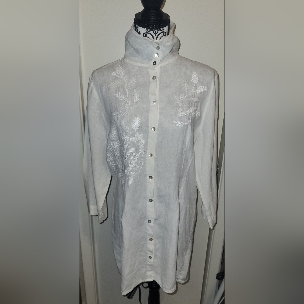 Caite 100% Linen White Embroidered Buttom Down Tunic Top Blouse‎ Sz XL